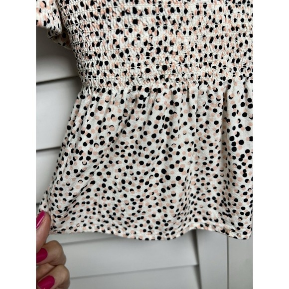 Express Polka Dot Puff Sleeve Linen Blend Smocked Peplum Top Women's Size Medium - Picture 7 of 8